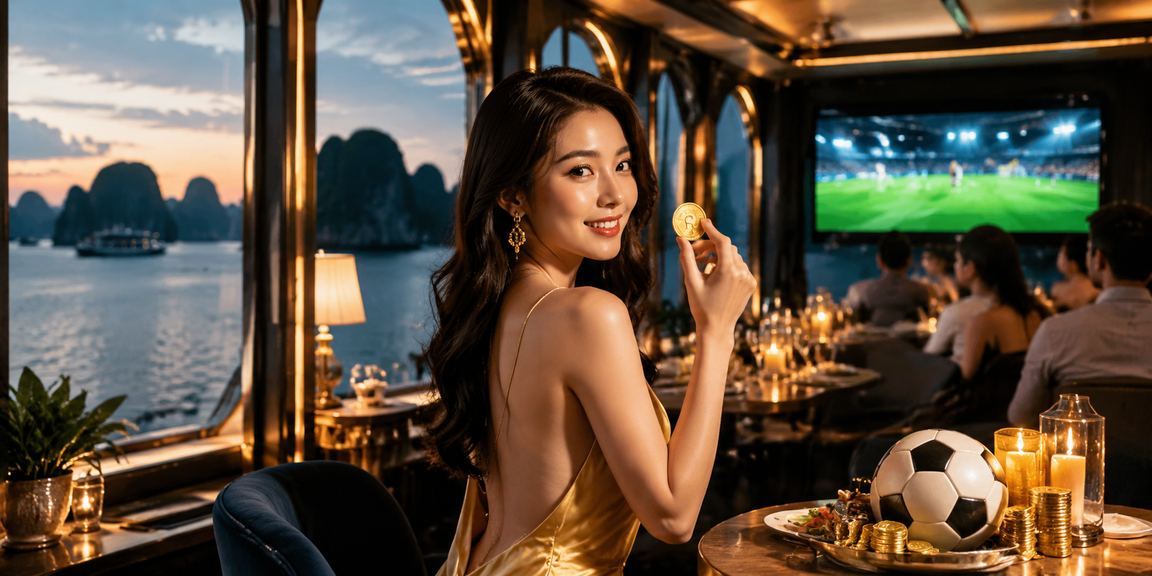 Người Việt Nam thưởng thức cá cược thể thao bên tách cà phê với phong cảnh vịnh Hạ Long