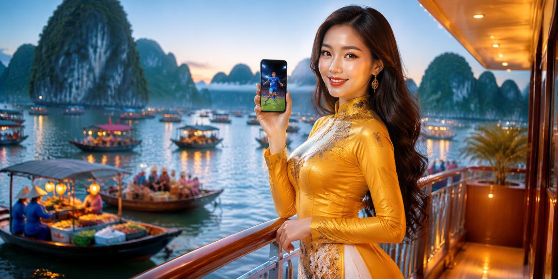 Người phụ nữ mặc áo dài tại Hạ Long theo dõi kết quả thể thao và kèo cá cược trên điện thoại