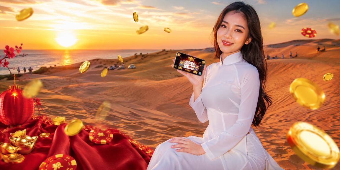 Người dùng tại Mũi Né chơi card game trực tuyến trên thiết bị di động bên bờ biển